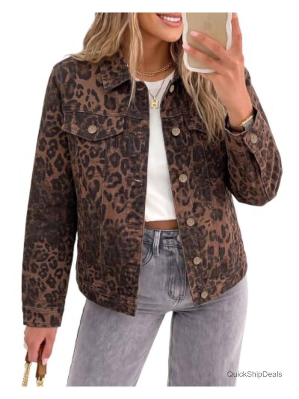 Leopard Cheetah Print Denim Trucker Jacket Women Stretch Button Up